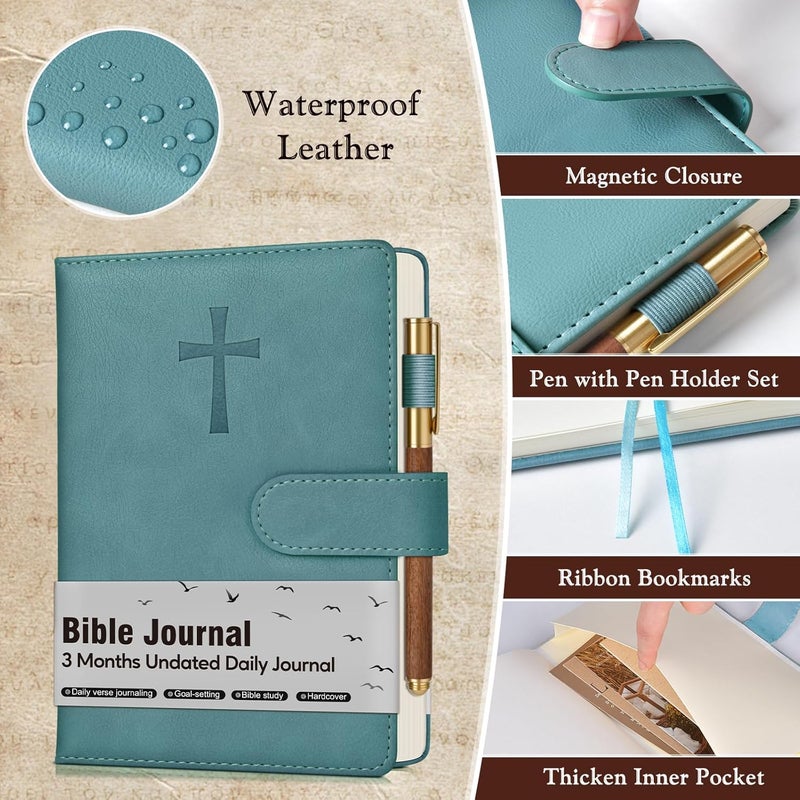 PAPEJOON Leather Christian Bible Journal for Men, Prayer Journal for Scripture Study & Daily Devotional, Undated Church Notes Notebook, Jesus Religious Faith Gifts for Pastor, Graduation, Baptism, Aquamarine - Image 2